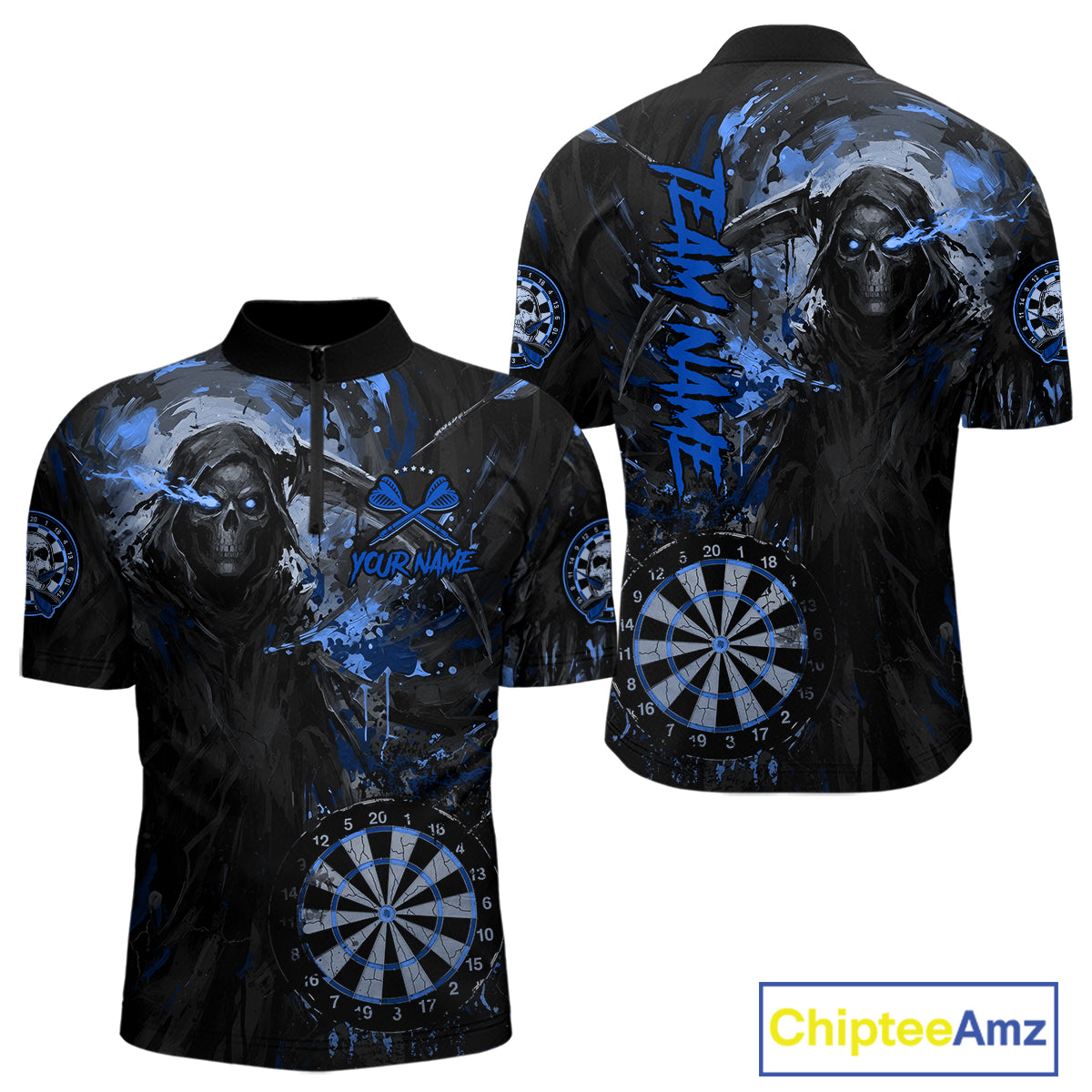 Custom Black And Blue Splatter Grim Reaper Men Darts Polo Shirt Cracked Dart Jerseys NYN2794