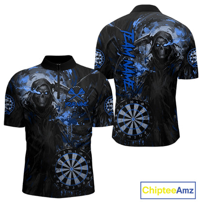 Custom Black And Blue Splatter Grim Reaper Men Darts Polo Shirt Cracked Dart Jerseys NYN2794