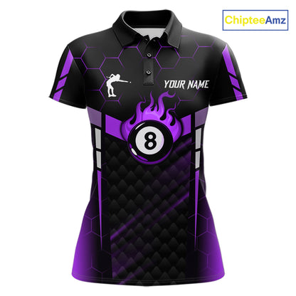 Personalized Purple 8 Ball Flame Billiard Polo & Quarter Zip For Women, 8 Ball Pool Team Jersey TDM6039