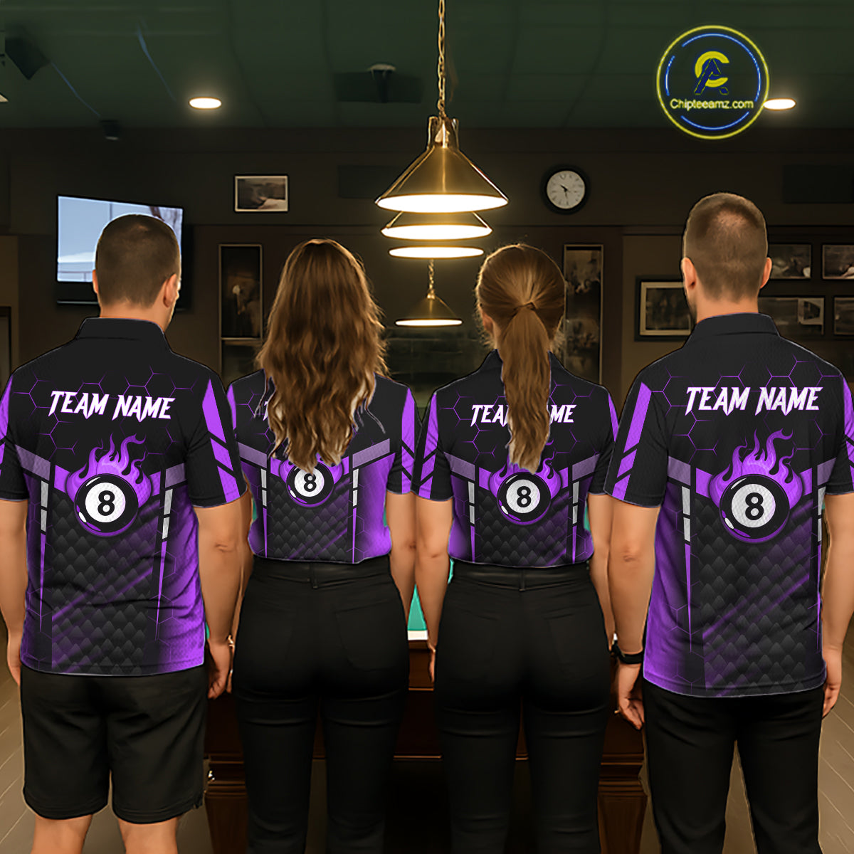Personalized Purple 8 Ball Flame Billiard Polo & Quarter Zip For Women, 8 Ball Pool Team Jersey TDM6039