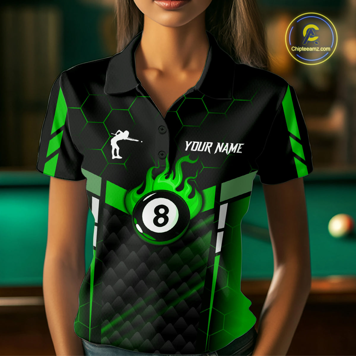 Personalized Green 8 Ball Flame Billiard Polo & Quarter Zip For Women, 8 Ball Pool Team Jersey TDM6040