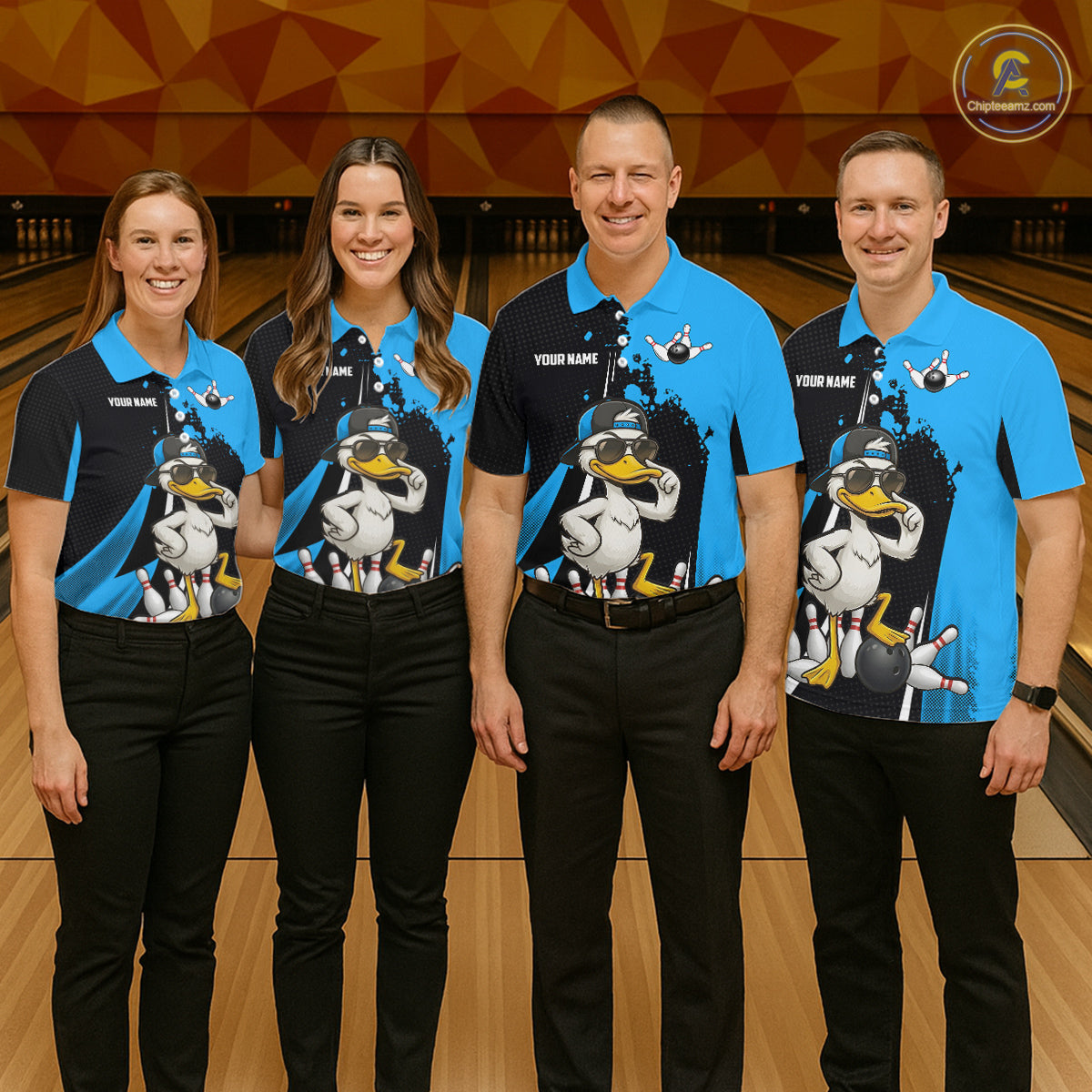 Custom Black And Blue Funny Duck Bowling Shirts For Men, Bowling Team Jersey Polo & 1/4 Zip TDM6292