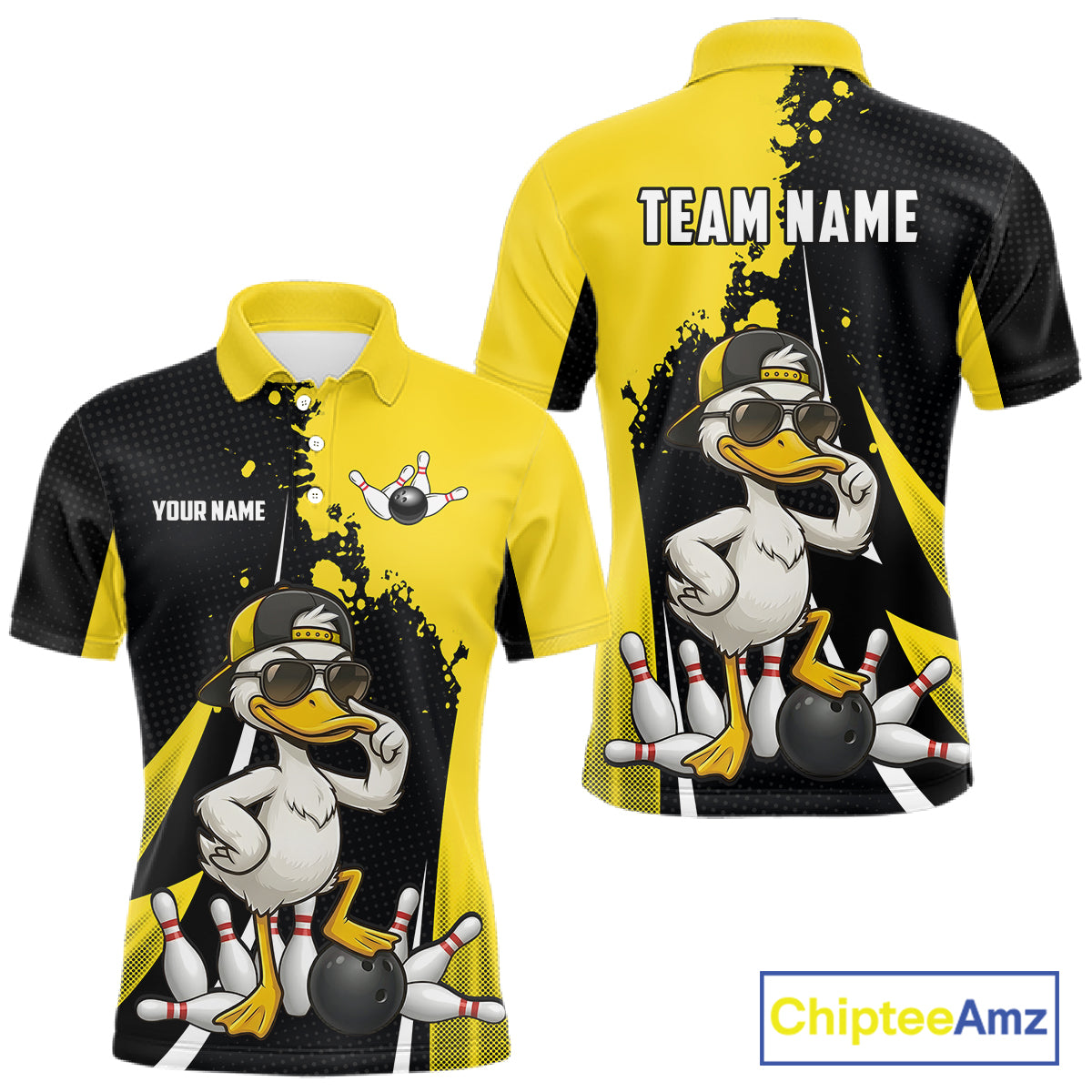 Custom Yellow Black Funny Duck Bowling Shirts For Men, Bowling Team Jersey Polo & 1/4 Zip TDM6293