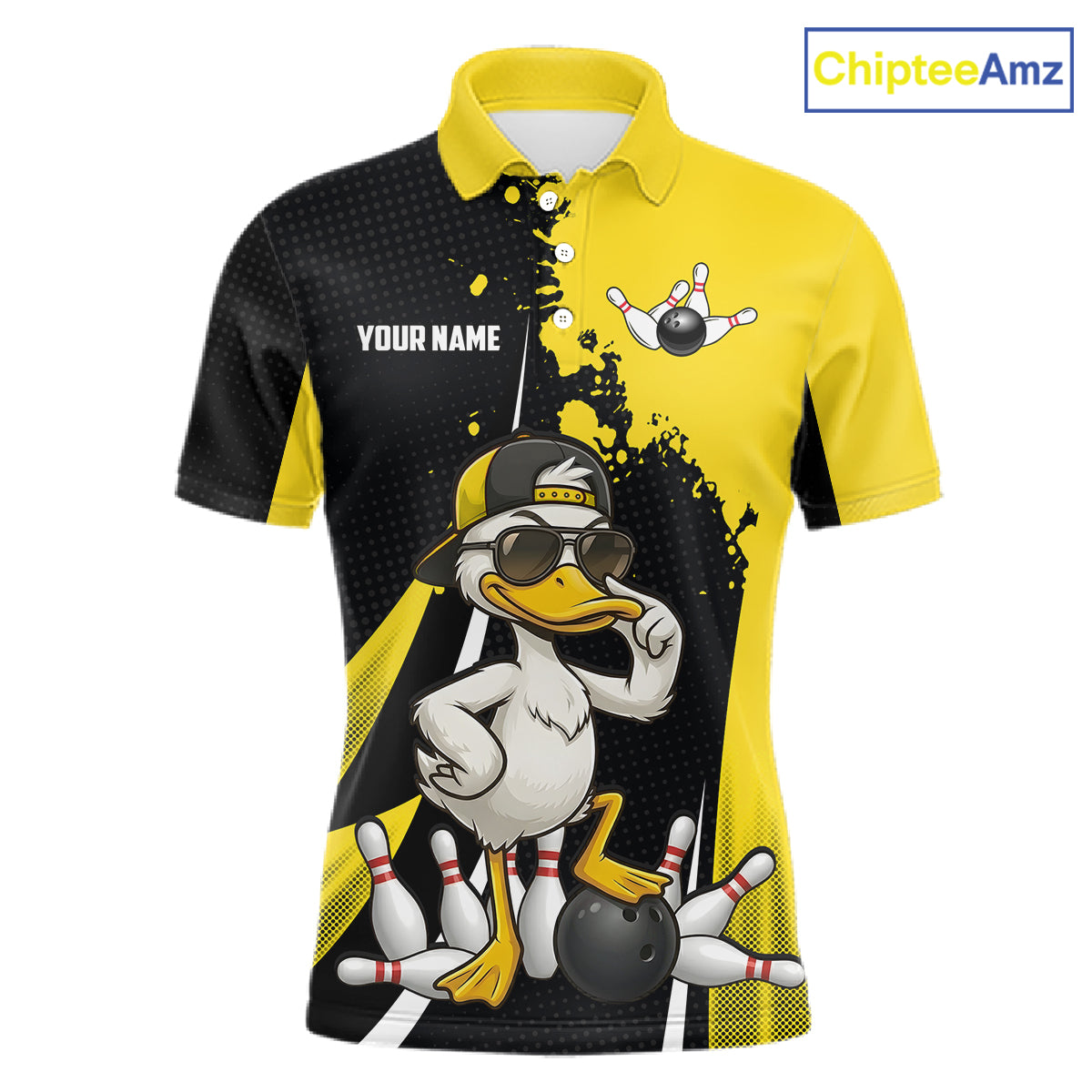 Custom Yellow Black Funny Duck Bowling Shirts For Men, Bowling Team Jersey Polo & 1/4 Zip TDM6293