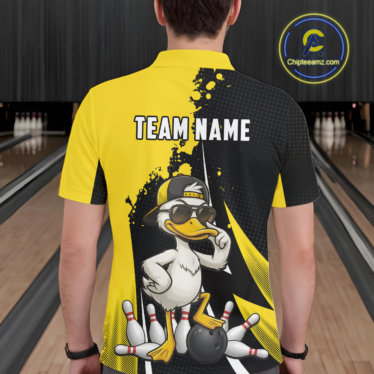 Custom Yellow Black Funny Duck Bowling Shirts For Men, Bowling Team Jersey Polo & 1/4 Zip TDM6293