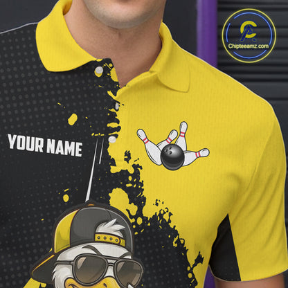 Custom Yellow Black Funny Duck Bowling Shirts For Men, Bowling Team Jersey Polo & 1/4 Zip TDM6293
