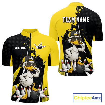 Custom Yellow Black Funny Duck Bowling Shirts For Men, Bowling Team Jersey Polo & 1/4 Zip TDM6293