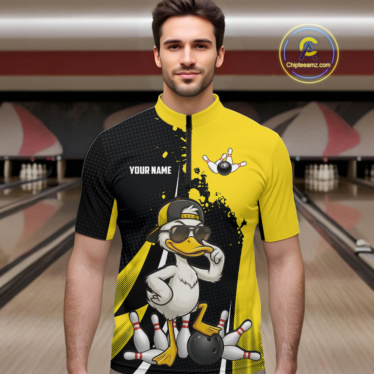 Custom Yellow Black Funny Duck Bowling Shirts For Men, Bowling Team Jersey Polo & 1/4 Zip TDM6293