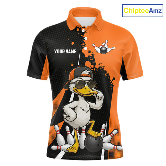 Custom Black And Orange Funny Duck Bowling Shirts For Men, Bowling Team Jersey Polo & 1/4 Zip TDM6294