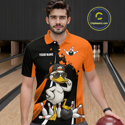 Custom Black And Orange Funny Duck Bowling Shirts For Men, Bowling Team Jersey Polo & 1/4 Zip TDM6294
