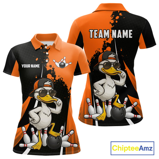 Custom Black And Orange Funny Duck Bowling Shirts For Women, Bowling Team Jersey Polo & 1/4 Zip TDM6294