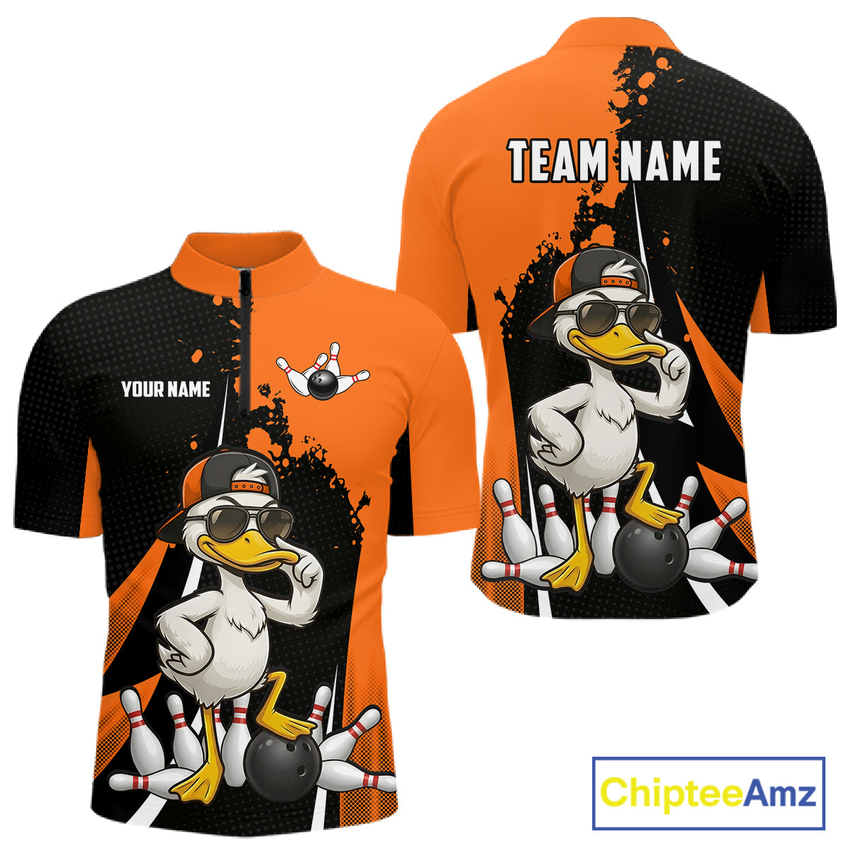 Custom Black And Orange Funny Duck Bowling Shirts For Men, Bowling Team Jersey Polo & 1/4 Zip TDM6294