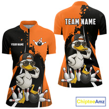 Load image into Gallery viewer, Custom Black And Orange Funny Duck Bowling Shirts For Women, Bowling Team Jersey Polo &amp; 1/4 Zip TDM6294