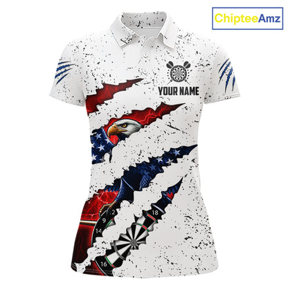 Customized Eagle American Flag White Grunge Darts Shirts For Women, Patriotic Darts Team Jersey TDM7179