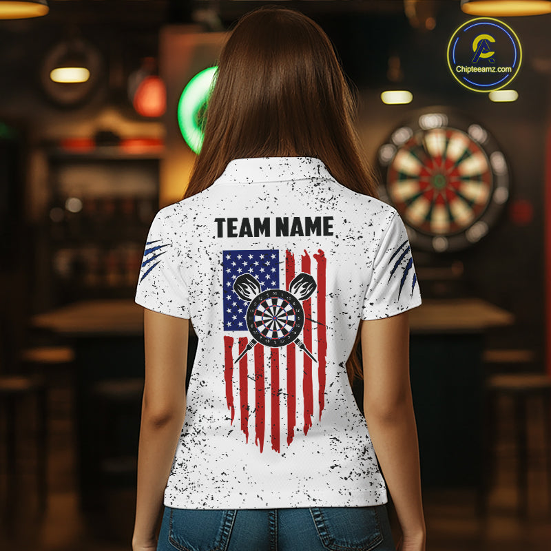Customized Eagle American Flag White Grunge Darts Shirts For Women, Patriotic Darts Team Jersey TDM7179