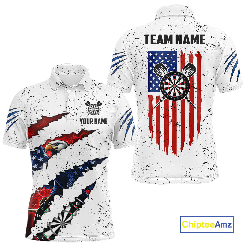 Customized Eagle American Flag White Grunge Darts Shirts For Men, Patriotic Darts Team Jersey TDM7179