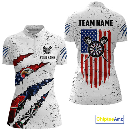 Customized Eagle American Flag White Grunge Darts Shirts For Women, Patriotic Darts Team Jersey TDM7179