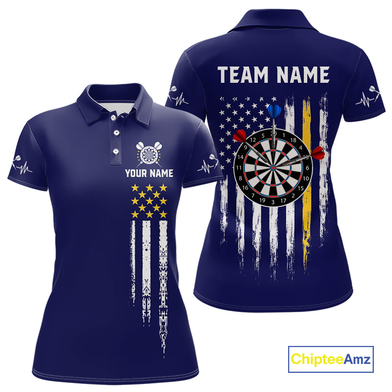 Customized Navy Blue American Flag Darts Shirt For Women, Patriotic Darts League Team Jersey TDM7180