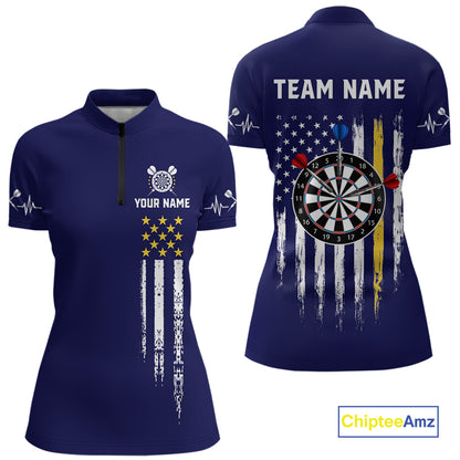 Customized Navy Blue American Flag Darts Shirt For Women, Patriotic Darts League Team Jersey TDM7180