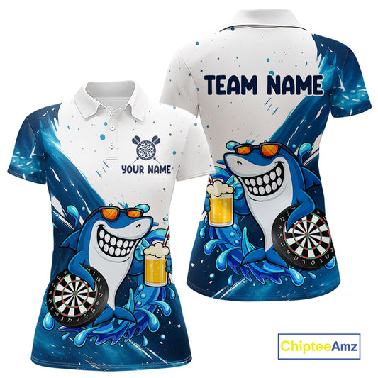 Blue And White Funny Shark Darts Shirts For Women Custom Darts Team Jersey Polo, Quarter Zip TDM7181