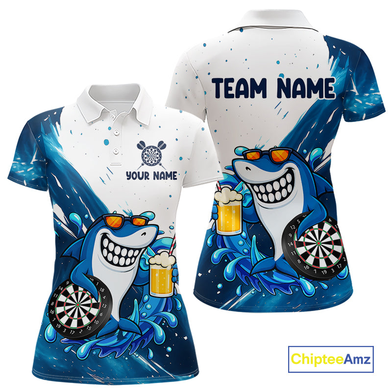 Blue And White Funny Shark Darts Shirts For Women Custom Darts Team Jersey Polo, Quarter Zip TDM7181