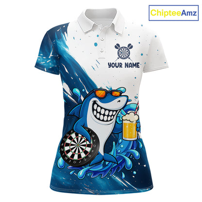 Blue And White Funny Shark Darts Shirts For Women Custom Darts Team Jersey Polo, Quarter Zip TDM7181