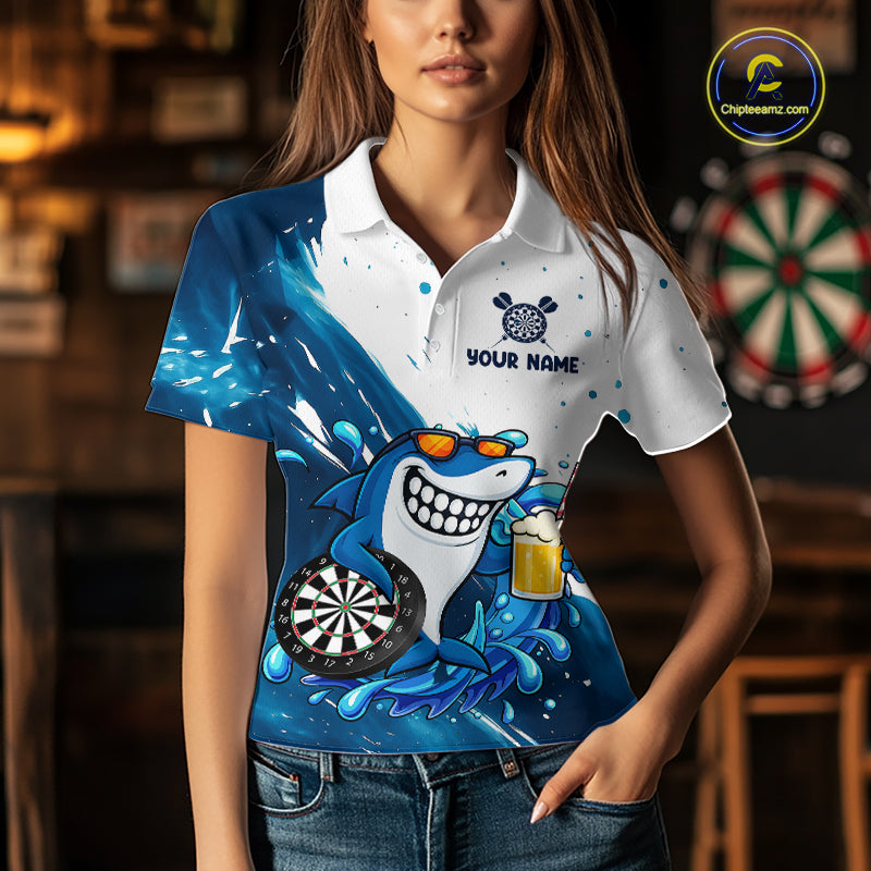 Blue And White Funny Shark Darts Shirts For Women Custom Darts Team Jersey Polo, Quarter Zip TDM7181