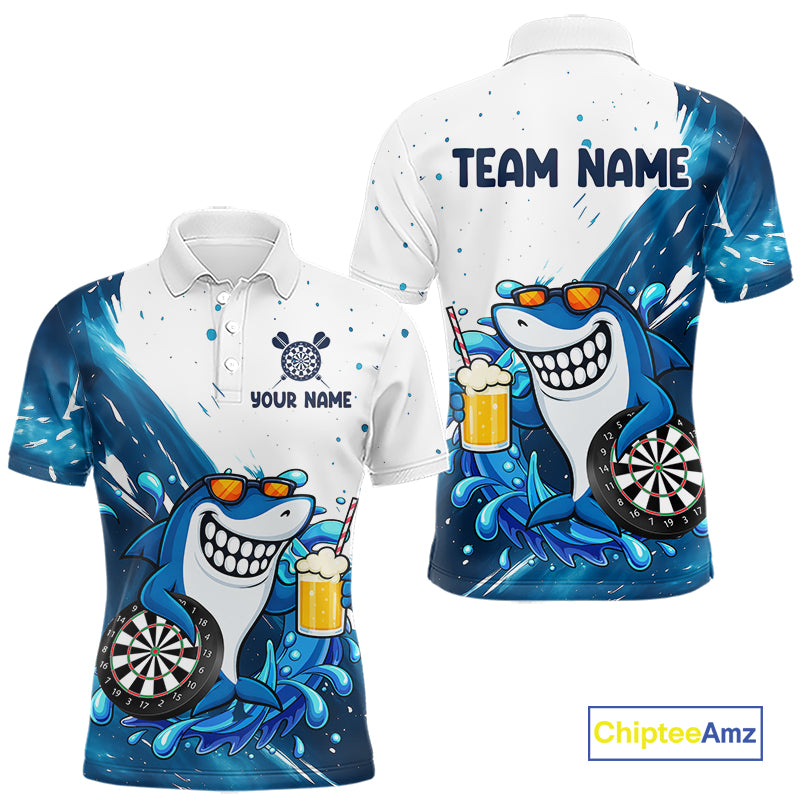 Blue And White Funny Shark Darts Shirts For Men Custom Darts Team Jersey Polo, Quarter Zip TDM7181