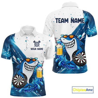 Blue And White Funny Shark Darts Shirts For Men Custom Darts Team Jersey Polo, Quarter Zip TDM7181