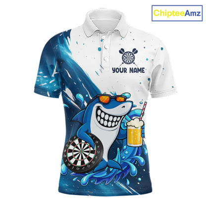 Blue And White Funny Shark Darts Shirts For Men Custom Darts Team Jersey Polo, Quarter Zip TDM7181
