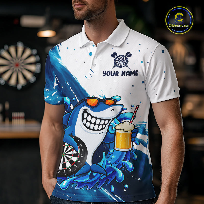 Blue And White Funny Shark Darts Shirts For Men Custom Darts Team Jersey Polo, Quarter Zip TDM7181
