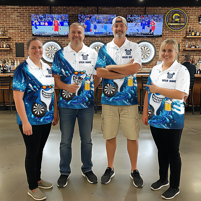 Blue And White Funny Shark Darts Shirts For Men Custom Darts Team Jersey Polo, Quarter Zip TDM7181