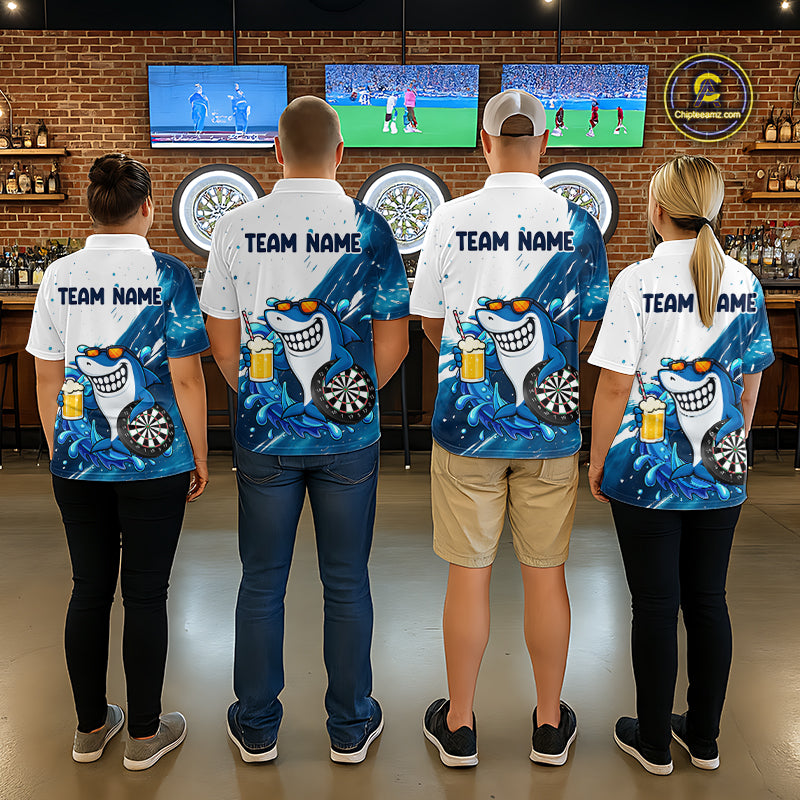 Blue And White Funny Shark Darts Shirts For Men Custom Darts Team Jersey Polo, Quarter Zip TDM7181