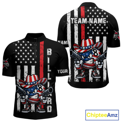 Funny 8 Ball US Flag Billiard Shirt For Men Custom Patriotic Pool Team Jersey Polo & 1/4 Zip TDM6048
