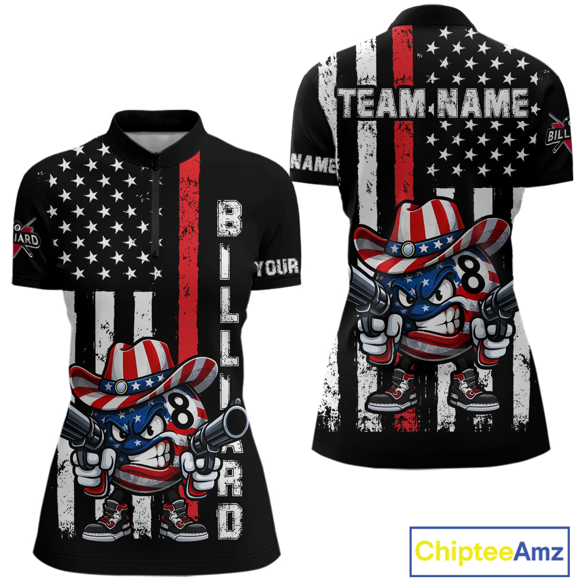 Funny 8 Ball US Flag Billiard Shirt For Women Custom Patriotic Pool Team Jersey Polo & 1/4 Zip TDM6048