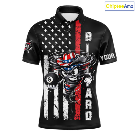 Funny Tornado US Flag 8 Ball Billiard Shirt For Men Custom Pool Team Jersey Polo & Quarter Zip TDM6049