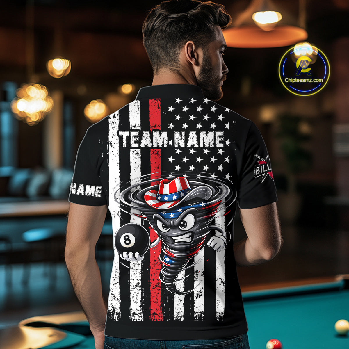 Funny Tornado US Flag 8 Ball Billiard Shirt For Men Custom Pool Team Jersey Polo & Quarter Zip TDM6049