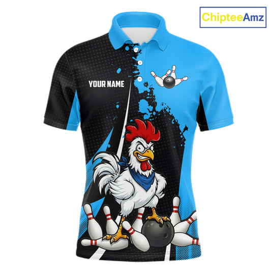 Custom Black And Blue Funny Chicken Bowling Shirts For Men, Bowling Team Jersey Polo & 1/4 Zip TDM6301