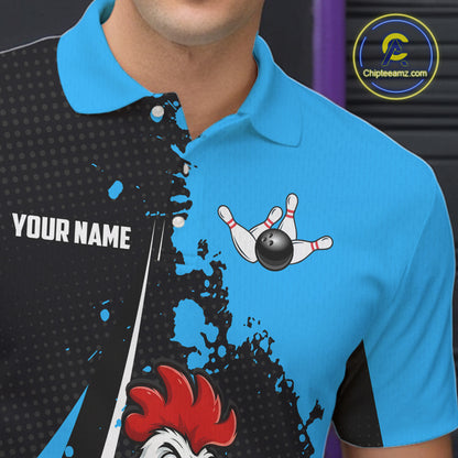 Custom Black And Blue Funny Chicken Bowling Shirts For Men, Bowling Team Jersey Polo & 1/4 Zip TDM6301