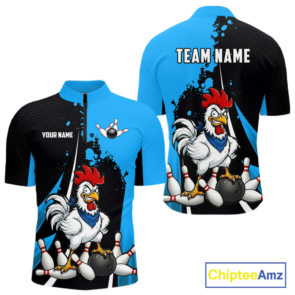 Custom Black And Blue Funny Chicken Bowling Shirts For Men, Bowling Team Jersey Polo & 1/4 Zip TDM6301