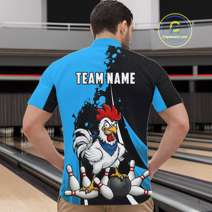 Custom Black And Blue Funny Chicken Bowling Shirts For Men, Bowling Team Jersey Polo & 1/4 Zip TDM6301