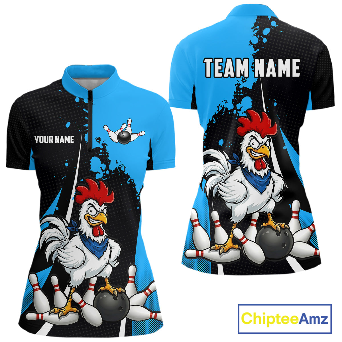 Custom Black And Blue Funny Chicken Bowling Shirts For Women, Bowling Team Jersey Polo & 1/4 Zip TDM6301