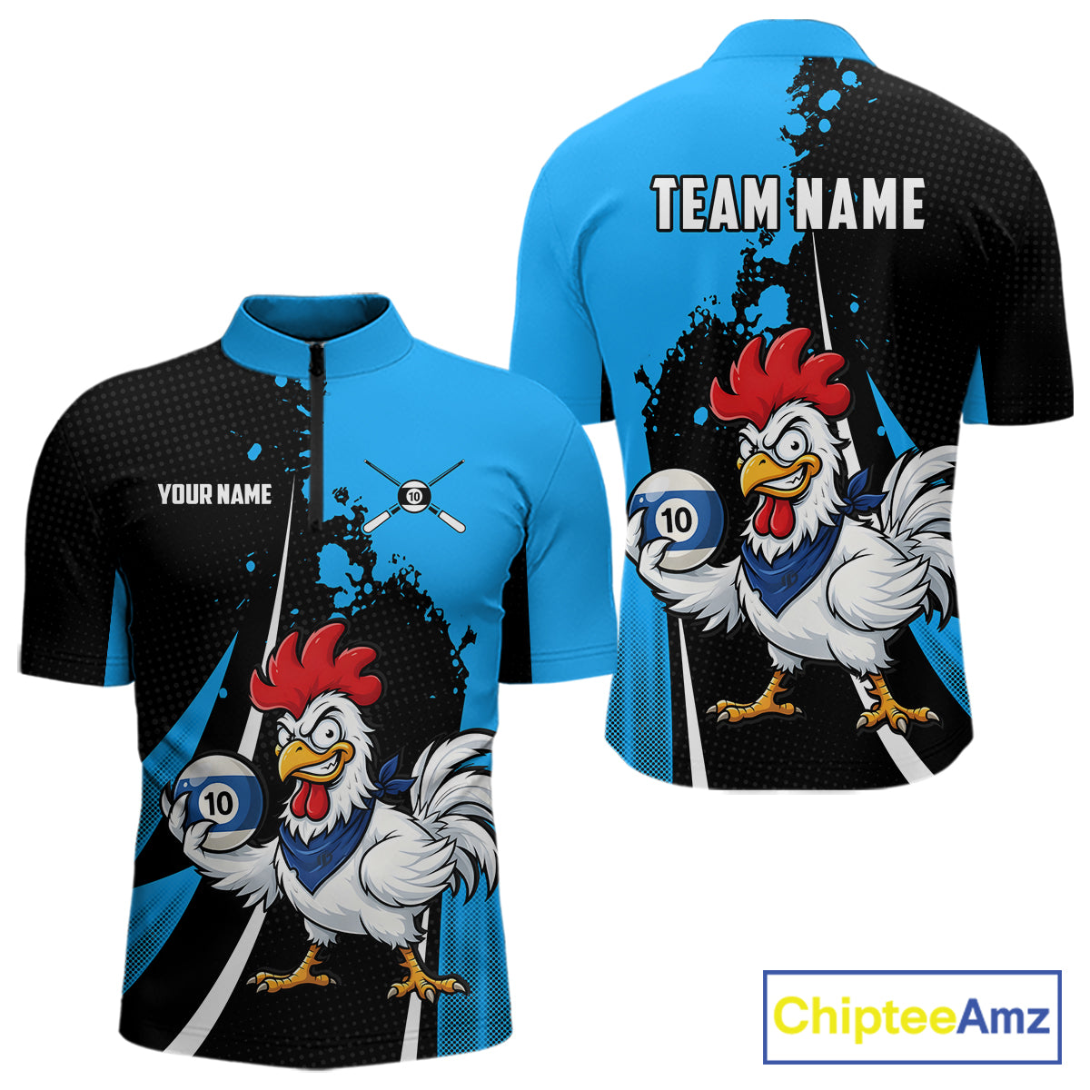 Black And Blue Funny Chicken 10 Ball Billiard Shirt For Men Custom Pool Team Jersey Polo & 1/4 Zip TDM6302