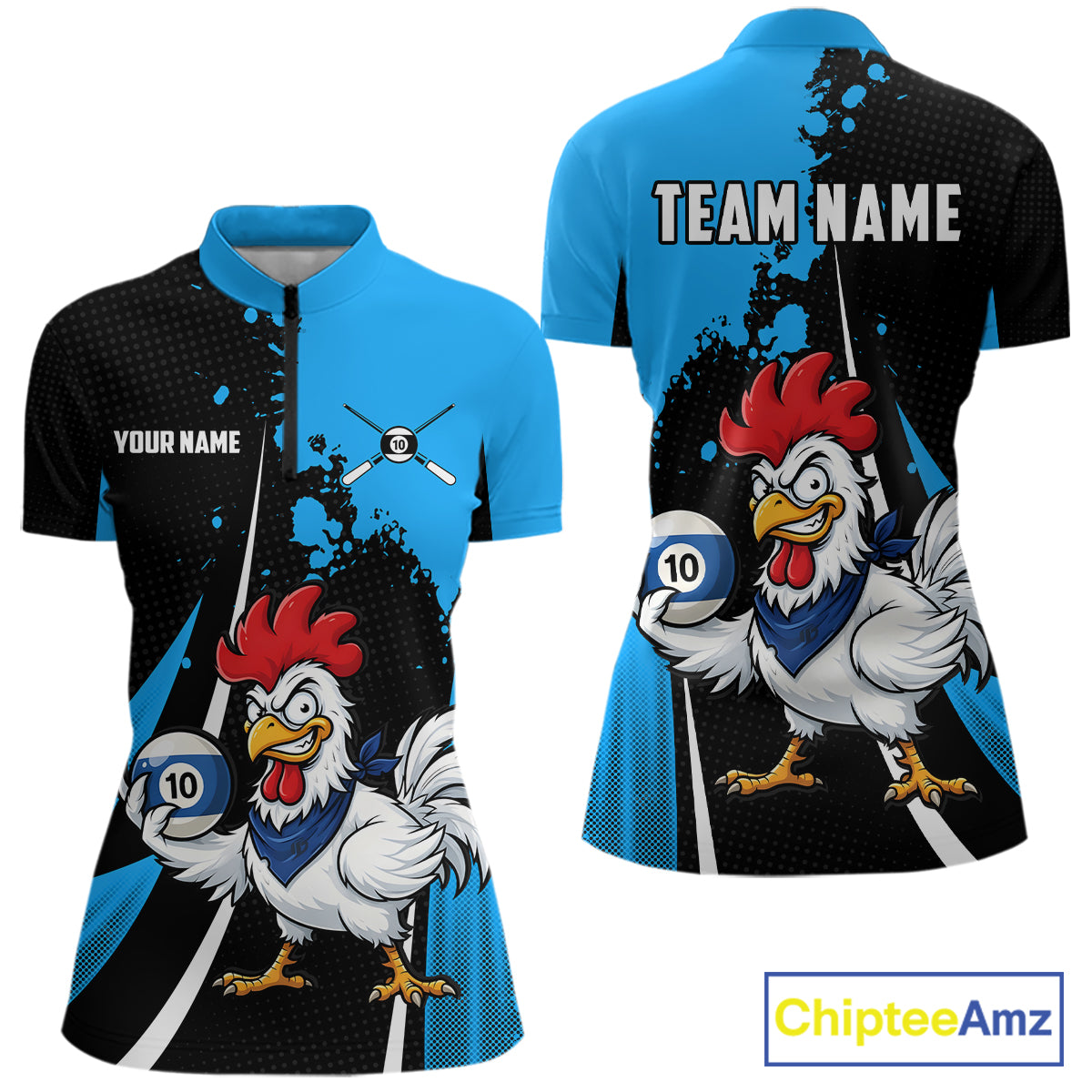 Black And Blue Funny Chicken 10 Ball Billiard Shirt For Women Custom Pool Team Jersey Polo & 1/4 Zip TDM6302