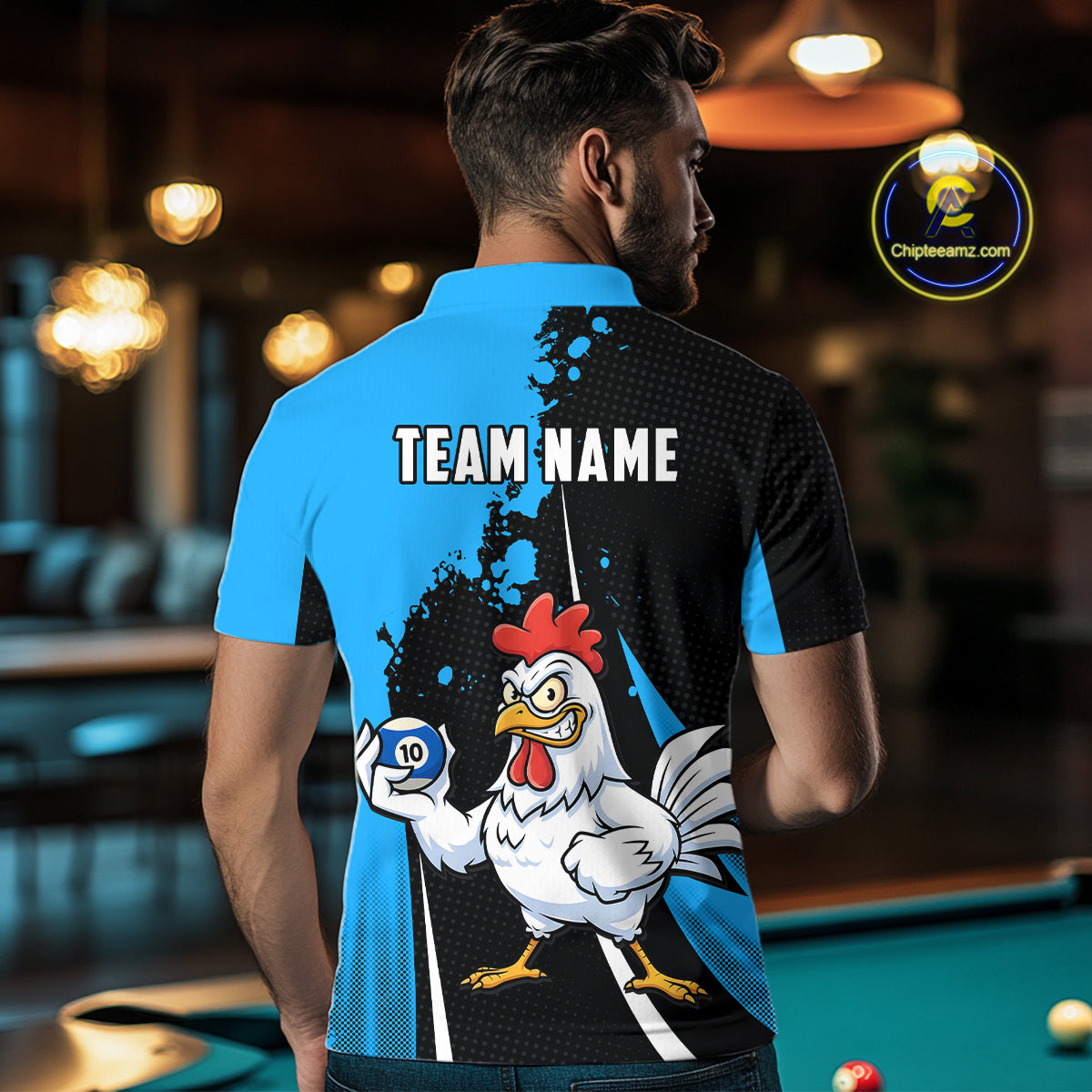 Blue Funny 10 Ball Pool Chicken Billiard Shirt For Men, Billiard Team Jersey Polo & 1/4 Zip TDM6303
