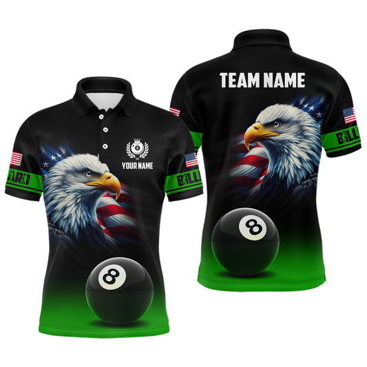 Personalized Black Green Billiard American Flag Eagle Men Polo Shirts, 3D 8 Ball Pool Team Shirts TDM1096