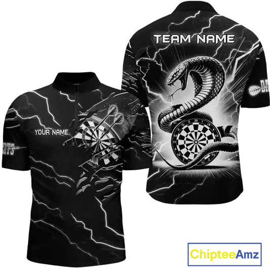 Custom Men's Dart Shirt – Black & White Lightning Cobra Design – Personalized Dart Team Jersey TDM3882