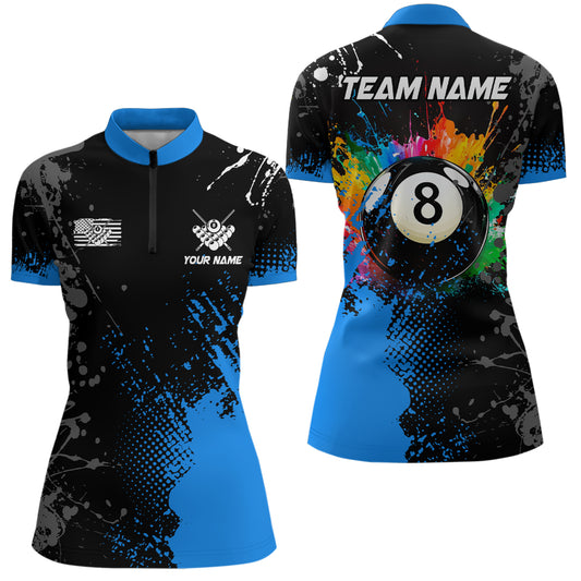 Personalized Paint Colorful 8 Ball Pool Billiard Shirts For Women Custom Blue Grunge Billiard Jerseys TDM2195