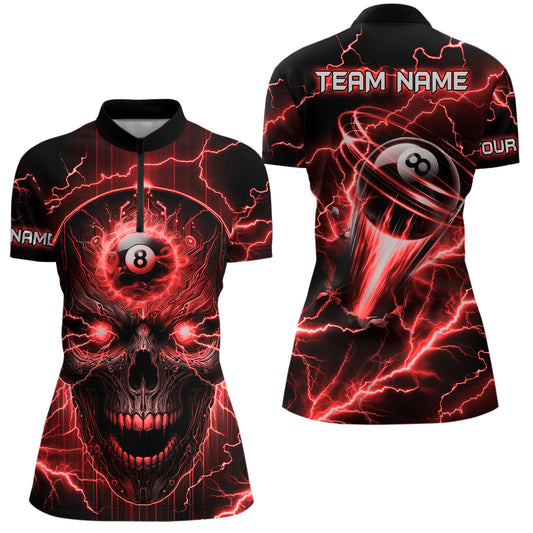 Personalized Skull Billiard Women Quarter-Zip Shirts Custom Name 8 Ball Pool Jerseys |Red TDM1099