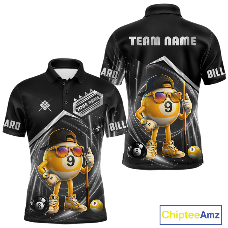 Funny silver 9 ball pool billiard team jersey polo shirt for men featuring a humorous 9 ball design, premium custom pool team apparel and billiard league jersey for tournaments, league play and everyday competition.